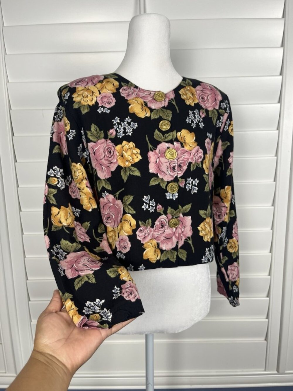 Vintage Last Exit USA Floral Cropped Jacket Top Women’s Black Rose Print